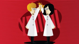 researchers high-fiving, teamwork builds positive working relationships in the lab