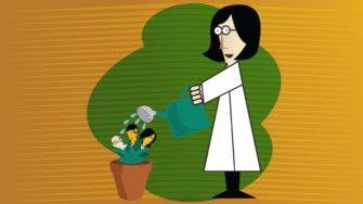 cartoon showing showing scalable compliance as a researcher watering a plant