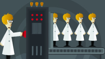 reproducibility machine: cartoon of scientists on conveyor belt