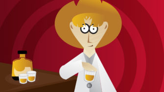 cartoon of researcher in cowboy hat at saloon