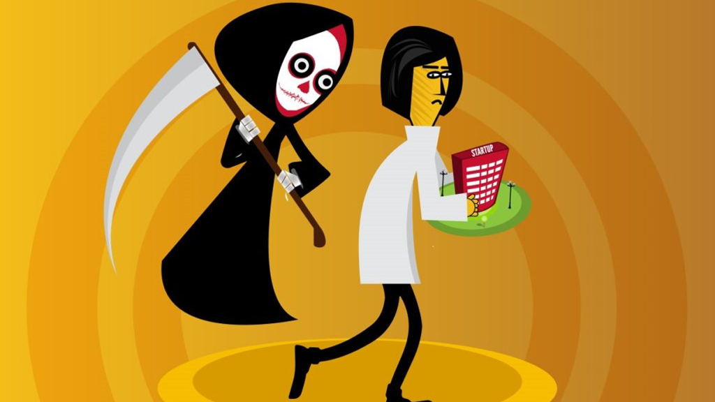 Cartoon of Grim Reaper following researcher, startup killers