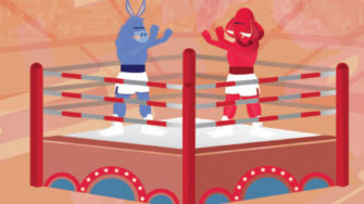 election illustration of donkey and elephant fighting in a boxing ring