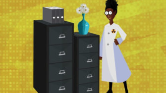 the file drawer effect, illustration of researcher standing by a file cabinet
