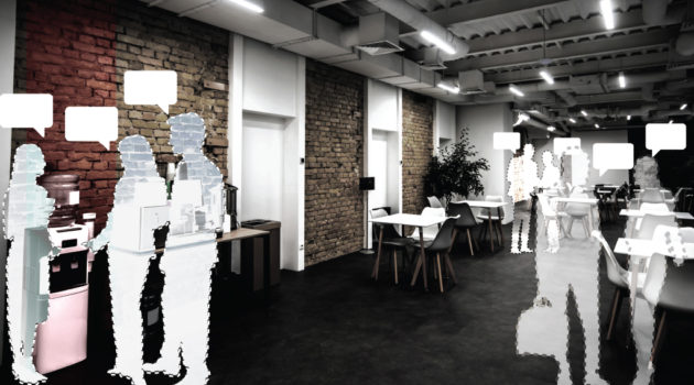 Office with cutouts illustrating absence of workers interacting face to face.